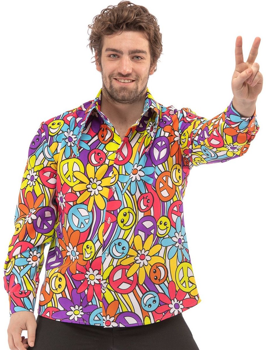 Hippie Kostuum | Jaren 60 Hippie Flowerpower Festival Smiley Peace Shirt Man | 3XL | Carnaval kostuum | Verkleedkleding